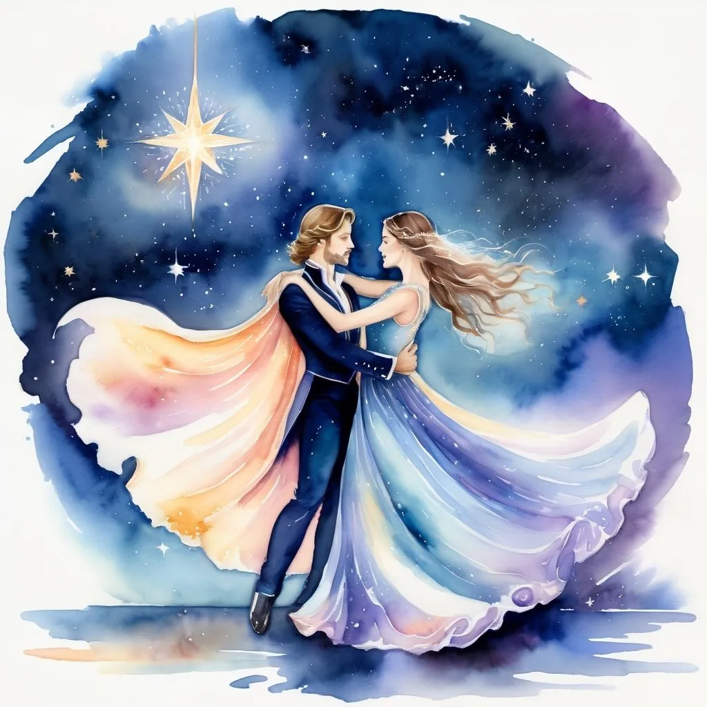 Prompt: Figurative watercolor of a beautiful Prince and priestess dancing, Star Being composed of starlight, dreamy and ethereal, hopeful, Celestial Waltz, high res, watercolor, ethereal, celestial, dreamy, figurative, starlight being, beautiful woman, dancing, graceful movement, soft cosmic color palette, flowing gown, detailed facial features, luminous and radiant aura, celestial backdrop, delicate brushstrokes, professional, soft lighting