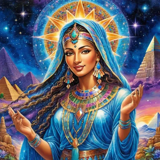 Prompt: Dancing Prophetess, Egyptian, High Priestess, Chantress, Alluring look, deep wise Hazel eyes, Windows to the soul, connect heaven to earth, Beautiful vibrant colors, Josephine wall style, Very detailed, Ancient, Beautiful background, Singing, Dancing, Joyful, Sensual, galaxy, celestial, Psychic, Watercolor painting, Dreamy, Dance, Chant, Ritual, Stars, Star Being, Divine, 4k, transforming, Celestial, Cosmic colors, Full body, Unseen, Another side of the Veil, The unseen, Spiritual, Journeying into the other world, Divine Connections to God 
