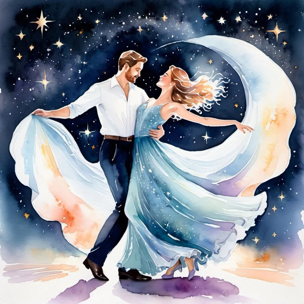 Prompt: Figurative watercolor of a beautiful couple dancing, Star Being composed of starlight, dreamy and ethereal, hopeful, Celestial Waltz, high res, watercolor, ethereal, alignment, celestial, dreamy, figurative, starlight being, beautiful woman, dancing, graceful movement, soft cosmic color palette, flowing gown, detailed facial features, luminous and radiant aura, celestial backdrop, delicate brushstrokes, professional, soft lighting