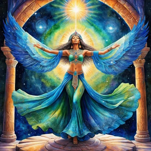 Prompt: Romantic, Sensual, Passionate, Stepping into Highest Power, Divine Being, Star being, mysterious, Dancing, Prophetess, Egyptian, High Priestess, Chantress, Blue Lotus, Alluring look, deeply wise, Earthy Green/Blue eyes, Windows to the soul, connect heaven to earth, Beautiful vibrant colors, Josephine wall style, Ancient, Beautiful background, Singing, Dancing, Joyful, Sensual, galaxy, celestial, Psychic, Watercolor painting, Dreamy, Dance, Chant, Ritual, Stars, Star Being, Divine, 4k, transforming, Celestial, Cosmic colors, Full body, Unseen, Another side of the Veil, The unseen, Spiritual, Journeying into the other world, Divine Connections to God, Magic, Shaman, Dancing in the cosmic, Singing, Music, Spark of life, Powerful, All-seeing 
