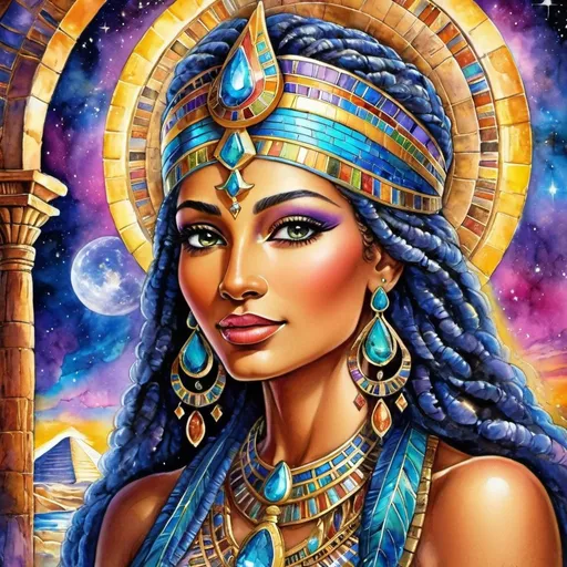 Prompt: Egyptian Priestess, Chantress, Alluring look, deep wise eyes, Windows to the soul, connect heaven to earth, Beautiful vibrant colors, Josephine wall style, Very detailed, Ancient, Beautiful background, Singing, Dancing, Joyful, Sensual, galaxy, celestial, Psychic, Watercolor painting