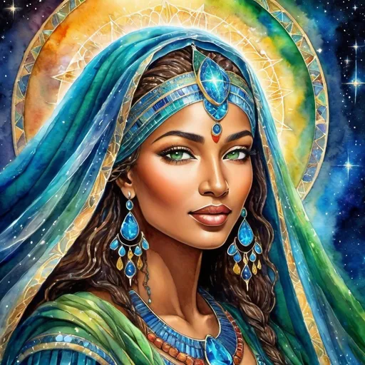 Prompt: mysterious, Veil half off face/eyes, Dancing, Prophetess, Egyptian, High Priestess, Chantress, Blue Lotus, Alluring look, deep wise, Green eyes, Windows to the soul, connect heaven to earth, Beautiful vibrant colors, Josephine wall style, Ancient, Beautiful background, Singing, Dancing, Joyful, Sensual, galaxy, celestial, Psychic, Watercolor painting, Dreamy, Dance, Chant, Ritual, Stars, Star Being, Divine, 4k, transforming, Celestial, Cosmic colors, Full body, Unseen, Another side of the Veil, The unseen, Spiritual, Journeying into the other world, Divine Connections to God, Magic, Shaman, Dancing in the cosmic, Singing, Music, Spark of life
