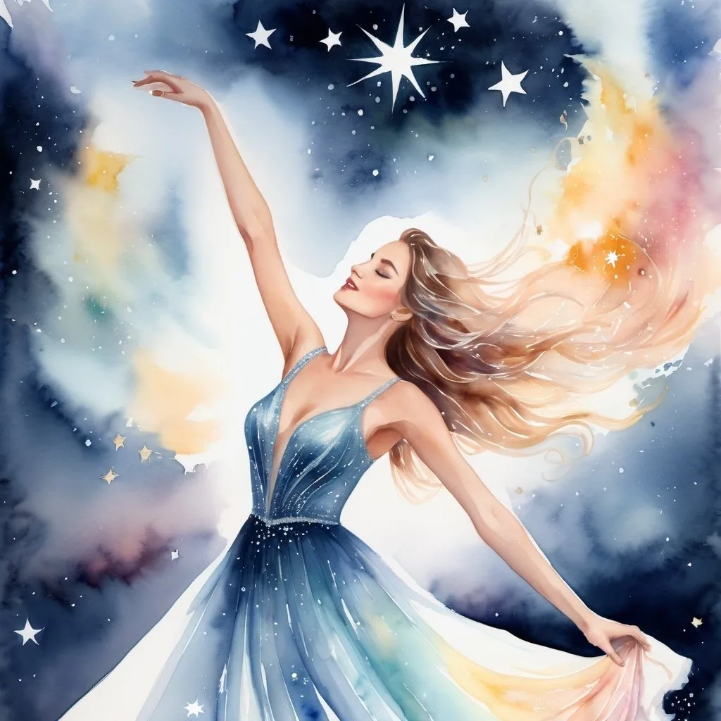 Prompt: Figurative watercolor of a beautiful woman dancing with Star Being composed of starlight, dreamy and ethereal, hopeful and optimistic, Celestial Waltz, highres, watercolor, ethereal, celestial, dreamy, figurative, starlight being, beautiful woman, dancing, hopeful, optimistic, graceful movement, soft color palette, flowing gown, detailed facial features, luminous and radiant aura, celestial backdrop, delicate brushstrokes, professional, soft lighting