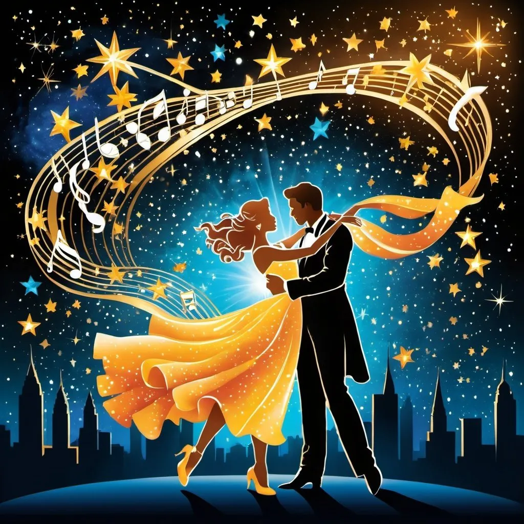 Prompt: musical broadway poster style, celestial, waltzing couple, Bright and brilliant, Stars,    Gold and cosmic colors