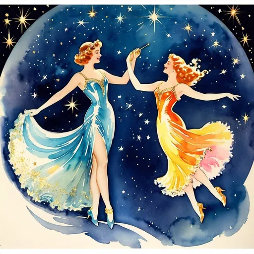 Prompt: ziegfeld follies, musical Broadway, poster style, celestial, waltzing couple, Bright and brilliant, Stars,    Gold and cosmic colors, watercolor, metallic