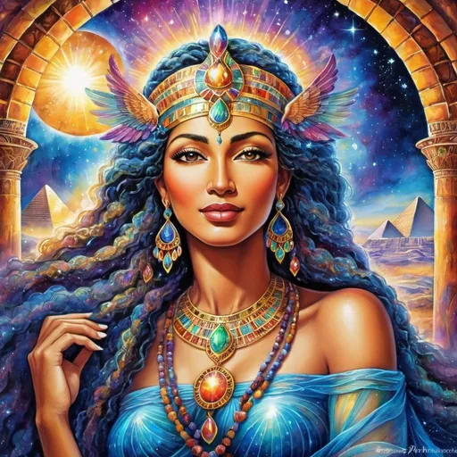 Prompt: Prophetess, Egyptian Priestess, Chantress, Alluring look, deep wise eyes, Windows to the soul, connect heaven to earth, Beautiful vibrant colors, Josephine wall style, Very detailed, Ancient, Beautiful background, Singing, Dancing, Joyful, Sensual, galaxy, celestial, Psychic, Watercolor painting, Dreamy, Dance, Chant, Ritual, Stars, Star Being, Divine, 4k, transforming, Celestial, Cosmic colors, Full body
