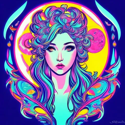 Prompt: popart, Goddess, blue slivery hair as the moon, anime, bright rich colors, brightly illuminated 