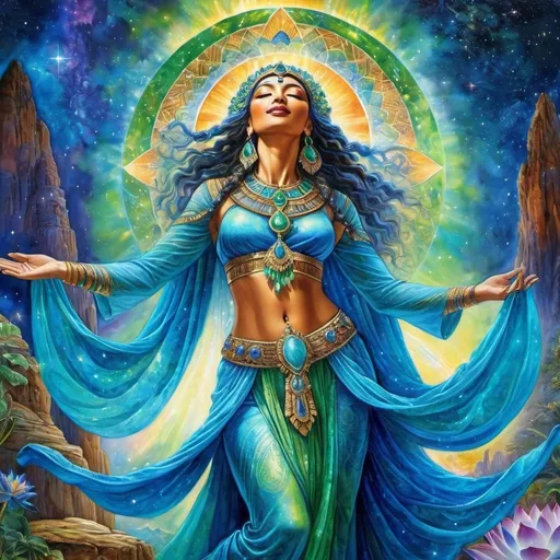 Prompt: Blue Lotus, Worship, Dancing Prophetess, Egyptian, High Priestess, Chantress, Alluring look, deep wise Green eyes, Windows to the soul, connect heaven to earth, Beautiful vibrant colors, Josephine wall style, Very detailed, Ancient, Beautiful background, Singing, Dancing, Joyful, Sensual, galaxy, celestial, Psychic, Watercolor painting, Dreamy, Dance, Chant, Ritual, Stars, Star Being, Divine, 4k, transforming, Celestial, Cosmic colors, Full body, Unseen, Another side of the Veil, The unseen, Spiritual, Journeying into the other world, Divine Connections to God, Magic, Shaman, Dancing in the cosmic, Singing, Music, Spark of life
