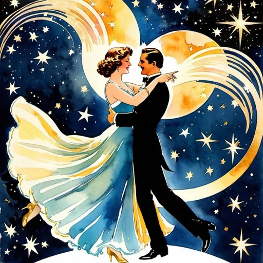 Prompt: ziegfeld follies, musical Broadway, poster style, celestial, waltzing couple, Bright and brilliant, Stars,    Gold and cosmic colors, watercolor, metallic