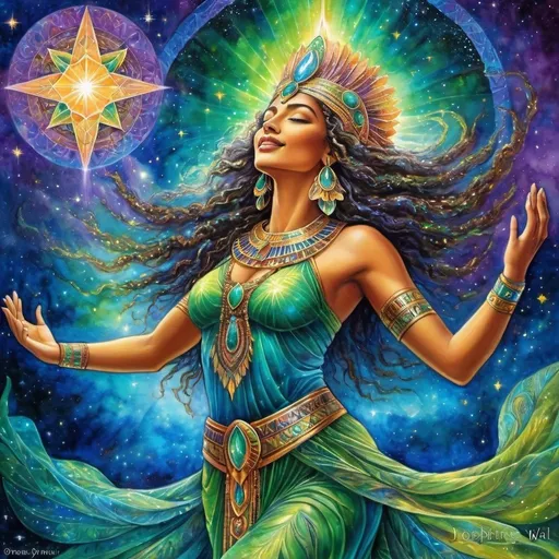 Prompt: Dancing Prophetess, Egyptian, High Priestess, Chantress, Alluring look, deep wise Green eyes, Windows to the soul, connect heaven to earth, Beautiful vibrant colors, Josephine wall style, Very detailed, Ancient, Beautiful background, Singing, Dancing, Joyful, Sensual, galaxy, celestial, Psychic, Watercolor painting, Dreamy, Dance, Chant, Ritual, Stars, Star Being, Divine, 4k, transforming, Celestial, Cosmic colors, Full body, Unseen, Another side of the Veil, The unseen, Spiritual, Journeying into the other world, Divine Connections to God, Psychedelic, Magic, Shaman, Dancing in the cosmic, Singing, Music, Spark of life 
