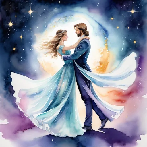 Prompt: Figurative watercolor of a beautiful Prince and priestess dancing, Star Being composed of starlight, dreamy and ethereal, hopeful, Celestial Waltz, high res, watercolor, ethereal, alignment, celestial, dreamy, figurative, starlight being, beautiful woman, dancing, graceful movement, soft cosmic color palette, flowing gown, detailed facial features, luminous and radiant aura, celestial backdrop, delicate brushstrokes, professional, soft lighting