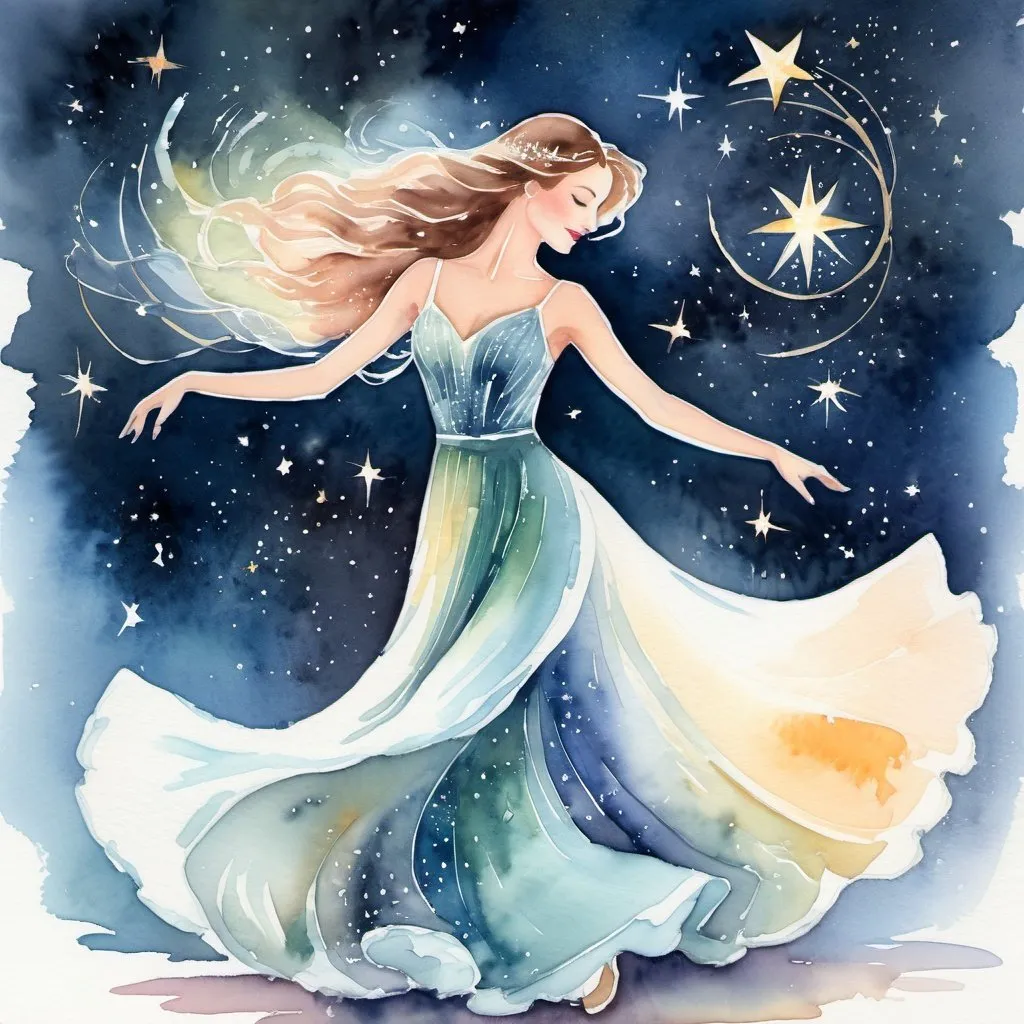 Prompt: Figurative watercolor of a beautiful woman dancing with Star Being composed of starlight, dreamy and ethereal, hopeful and optimistic, Celestial Waltz, highres, watercolor, ethereal, celestial, dreamy, figurative, starlight being, beautiful woman, dancing, hopeful, optimistic, graceful movement, soft color palette, flowing gown, detailed facial features, luminous and radiant aura, celestial backdrop, delicate brushstrokes, professional, soft lighting