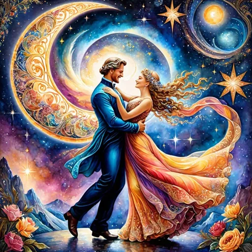 Prompt: Vocalizing, inspiring, Romantic,  Josephine Wall, high-quality, elegant ballroom Waltz in the Outer Space scene, God, Goddess, Star Beings, Celestial, Celestial bodies, warm, Cosmic vibrant colors, detailed fabric textures, classical art style, graceful movements, soft and warm lighting, watercolor painting, art nouveau, long flowing dresses, intricate patterns, 4k, ultra-detailed, elegant, classical, vibrant colors, dancing, detailed fabrics, warm lighting, Galaxy Background,