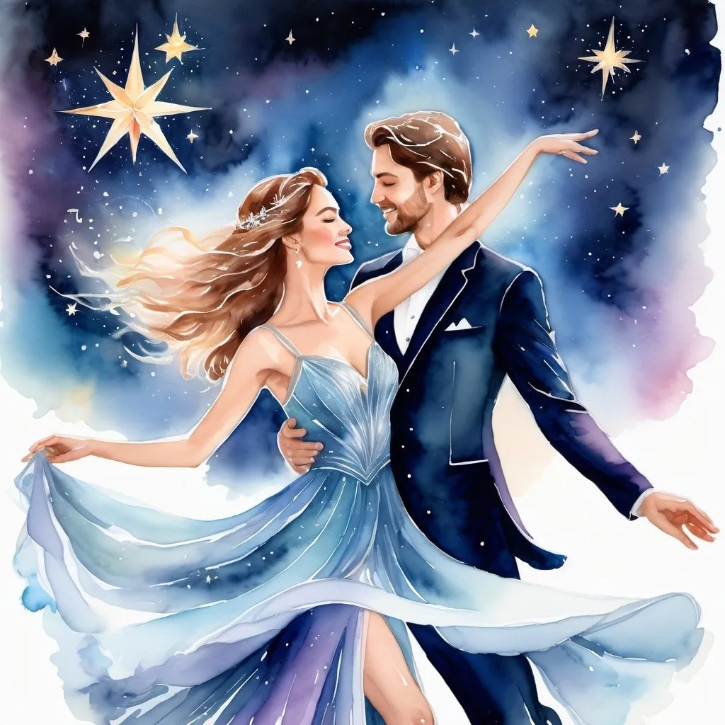 Prompt: Figurative watercolor of a beautiful Couple dancing with Star Being composed of starlight, dreamy and ethereal, hopeful and optimistic, Celestial Waltz, highres, watercolor, ethereal, celestial, dreamy, figurative, starlight being, beautiful woman, dancing, hopeful, optimistic, graceful movement, soft color palette, flowing gown, detailed facial features, luminous and radiant aura, celestial backdrop, delicate brushstrokes, professional, soft lighting