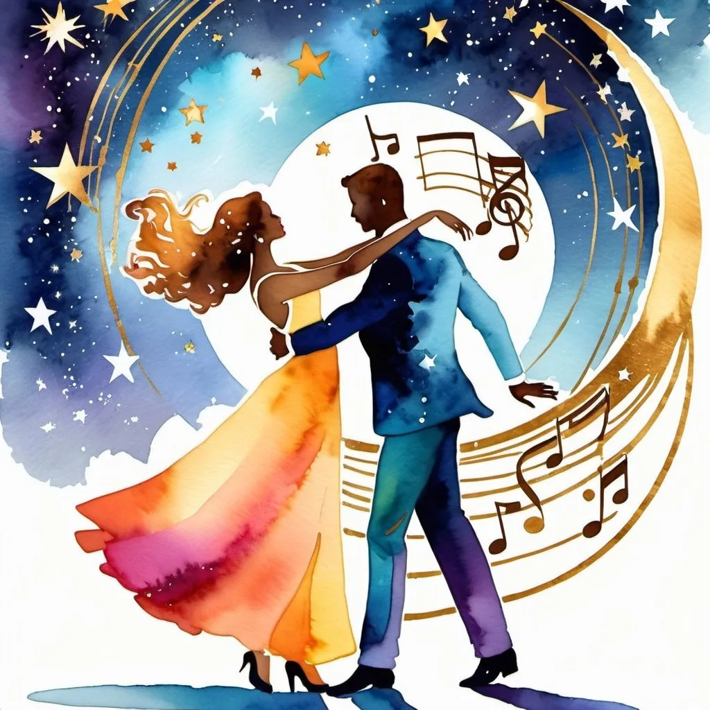 Prompt: musical broadway poster style, celestial, waltzing couple, Bright and brilliant, Stars,    Gold and cosmic colors, watercolor, metallic