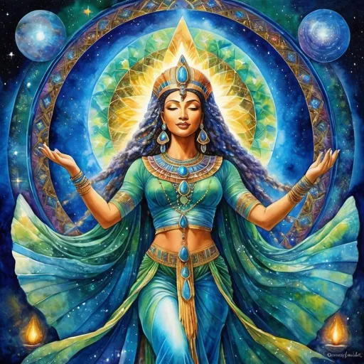 Prompt: Stepping into Highest Power, Divine Being, Star being, mysterious, Dancing, Prophetess, Egyptian, High Priestess, Chantress, Blue Lotus, Alluring look, deep wise, Earthy Green/Blue eyes, Windows to the soul, connect heaven to earth, Beautiful vibrant colors, Josephine wall style, Ancient, Beautiful background, Singing, Dancing, Joyful, Sensual, galaxy, celestial, Psychic, Watercolor painting, Dreamy, Dance, Chant, Ritual, Stars, Star Being, Divine, 4k, transforming, Celestial, Cosmic colors, Full body, Unseen, Another side of the Veil, The unseen, Spiritual, Journeying into the other world, Divine Connections to God, Magic, Shaman, Dancing in the cosmic, Singing, Music, Spark of life, 
