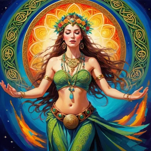 Prompt: Beautiful Lady Celtic singing and drumming, Priestess shamanic drumming and Dancing. Ballroom style, Waltz, Celestial, painting, psychedelic, popart, Goddess, anime, bright rich colors, brightly illuminated, channeler, spirit guides, Anchoring Heaven onto Earth