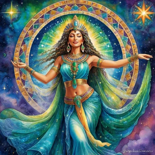 Prompt: Dancing Prophetess, Egyptian, High Priestess, Chantress, Alluring look, deep wise Green eyes, Windows to the soul, connect heaven to earth, Beautiful vibrant colors, Josephine wall style, Very detailed, Ancient, Beautiful background, Singing, Dancing, Joyful, Sensual, galaxy, celestial, Psychic, Watercolor painting, Dreamy, Dance, Chant, Ritual, Stars, Star Being, Divine, 4k, transforming, Celestial, Cosmic colors, Full body, Unseen, Another side of the Veil, The unseen, Spiritual, Journeying into the other world, Divine Connections to God, Psychedelic, Magic, Shaman, Dancing in the cosmic, Singing, Music, Spark of life 
