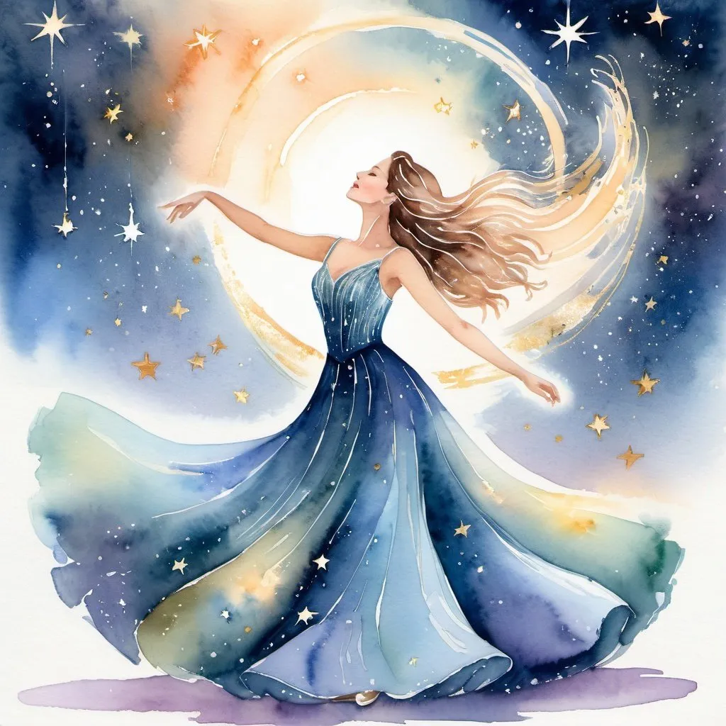 Prompt: Figurative watercolor of a beautiful woman dancing with Star Being composed of starlight, dreamy and ethereal, hopeful and optimistic, Celestial Waltz, highres, watercolor, ethereal, celestial, dreamy, figurative, starlight being, beautiful woman, dancing, hopeful, optimistic, graceful movement, soft color palette, flowing gown, detailed facial features, luminous and radiant aura, celestial backdrop, delicate brushstrokes, professional, soft lighting