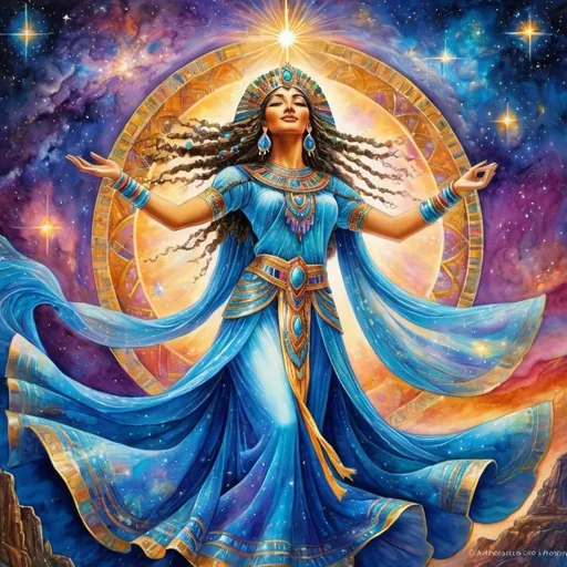 Prompt: Dancing Prophetess, Egyptian Priestess, Chantress, Alluring look, deep wise eyes, Windows to the soul, connect heaven to earth, Beautiful vibrant colors, Josephine wall style, Very detailed, Ancient, Beautiful background, Singing, Dancing, Joyful, Sensual, galaxy, celestial, Psychic, Watercolor painting, Dreamy, Dance, Chant, Ritual, Stars, Star Being, Divine, 4k, transforming, Celestial, Cosmic colors, Full body
