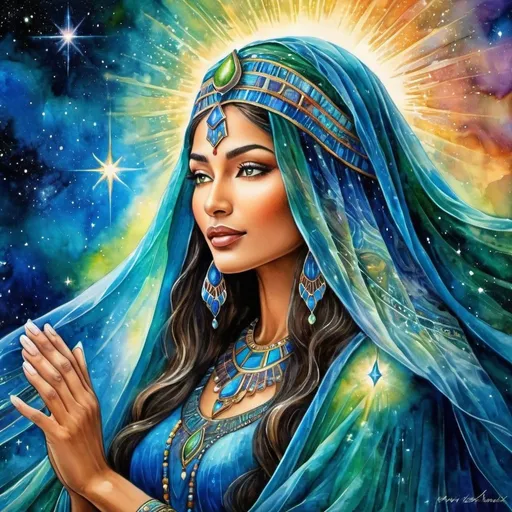 Prompt: mysterious, Veil half off face/eyes, Dancing, Prophetess, Egyptian, High Priestess, Chantress, Blue Lotus, Alluring look, deep wise, Earthy Green/Blue eyes, Windows to the soul, connect heaven to earth, Beautiful vibrant colors, Josephine wall style, Ancient, Beautiful background, Singing, Dancing, Joyful, Sensual, galaxy, celestial, Psychic, Watercolor painting, Dreamy, Dance, Chant, Ritual, Stars, Star Being, Divine, 4k, transforming, Celestial, Cosmic colors, Full body, Unseen, Another side of the Veil, The unseen, Spiritual, Journeying into the other world, Divine Connections to God, Magic, Shaman, Dancing in the cosmic, Singing, Music, Spark of life
