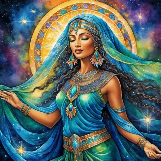 Prompt: Divine Being, Star being, mysterious, Veil, Half blindfolded, Dancing, Prophetess, Egyptian, High Priestess, Chantress, Blue Lotus, Alluring look, deep wise, Earthy Green/Blue eyes, Windows to the soul, connect heaven to earth, Beautiful vibrant colors, Josephine wall style, Ancient, Beautiful background, Singing, Dancing, Joyful, Sensual, galaxy, celestial, Psychic, Watercolor painting, Dreamy, Dance, Chant, Ritual, Stars, Star Being, Divine, 4k, transforming, Celestial, Cosmic colors, Full body, Unseen, Another side of the Veil, The unseen, Spiritual, Journeying into the other world, Divine Connections to God, Magic, Shaman, Dancing in the cosmic, Singing, Music, Spark of life
