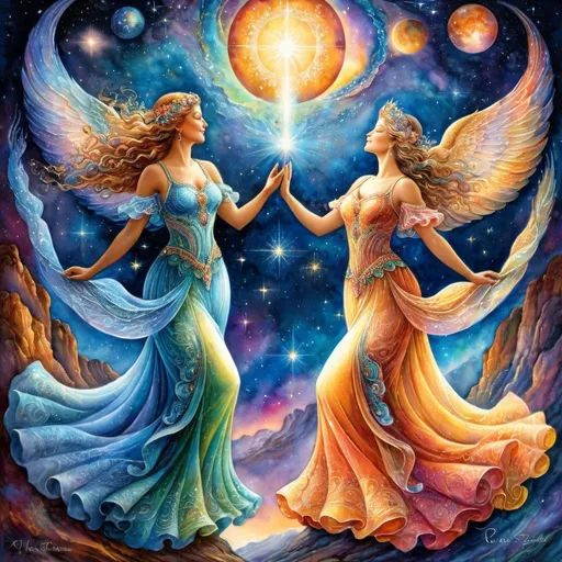 Prompt: Sisters, Priestess, Raising Consciousness, Vocalizing, inspiring, Romantic,  Josephine Wall, high-quality, elegant ballroom Waltz in the Outer Space, God, Goddess, Star Beings, Celestial, Celestial bodies, warm, Cosmic vibrant colors, detailed fabric textures, classical art style, graceful movements, soft and warm lighting, watercolor painting, art nouveau, long flowing dresses, intricate patterns, 4k, ultra-detailed, elegant, classical, vibrant colors, dancing, detailed fabrics, warm lighting, Galaxy Background, Spark of life