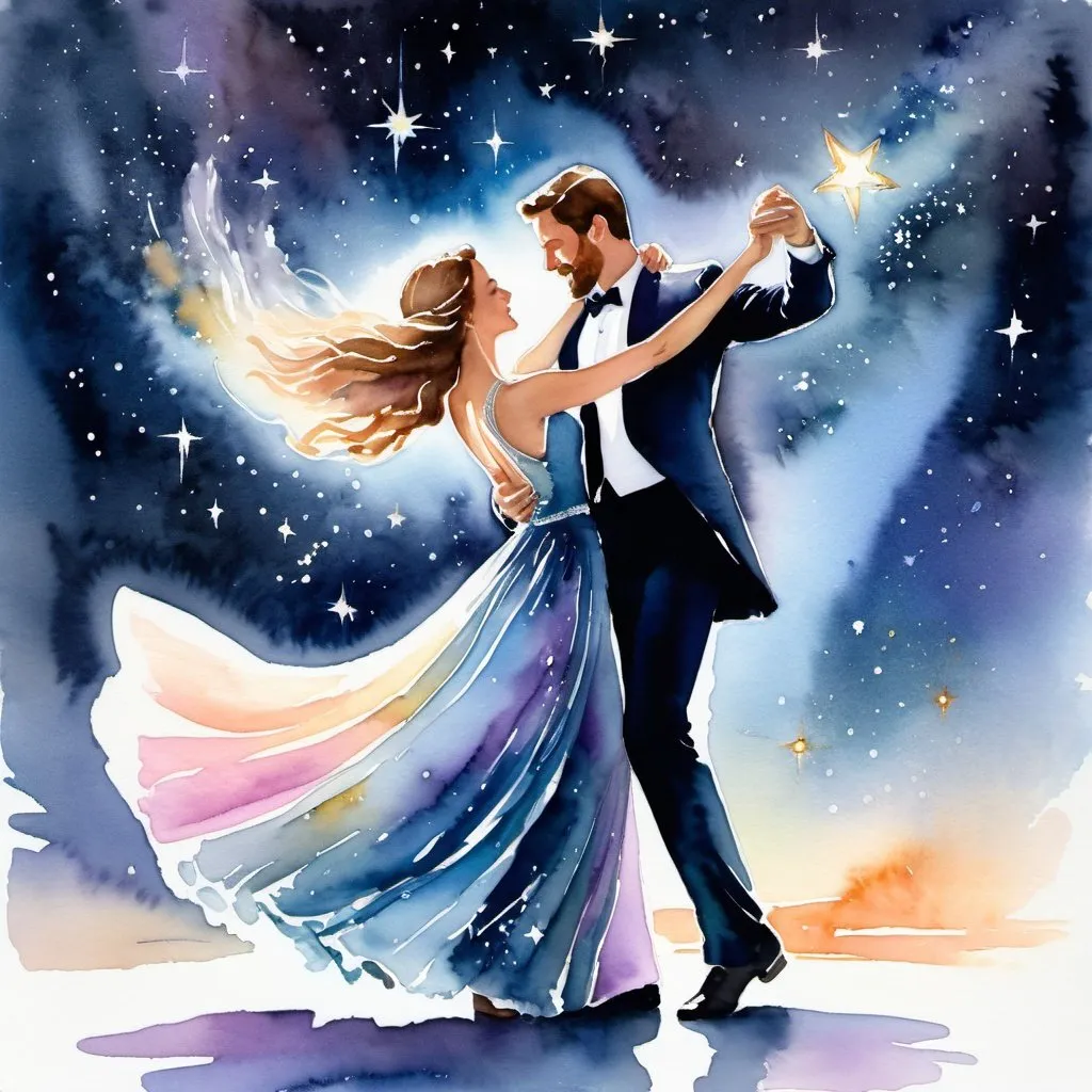 Prompt: Figurative watercolor of a beautiful couple dancing, Star Being composed of starlight, dreamy and ethereal, hopeful, Celestial Waltz, high res, watercolor, ethereal, alignment, celestial, dreamy, figurative, starlight being, beautiful woman, dancing, graceful movement, soft cosmic color palette, flowing gown, detailed facial features, luminous and radiant aura, celestial backdrop, delicate brushstrokes, professional, soft lighting