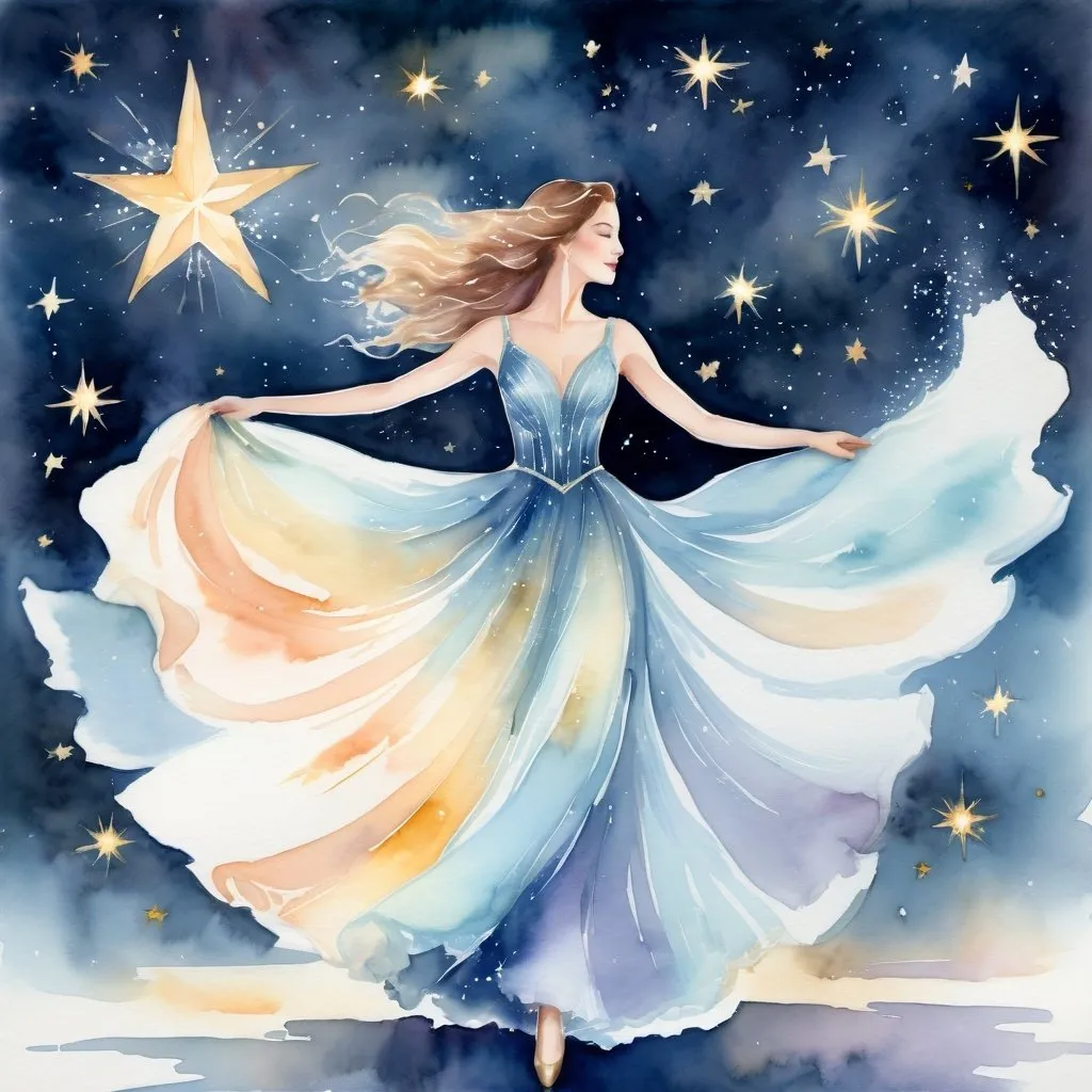 Prompt: Figurative watercolor of a beautiful woman dancing with Star Being composed of starlight, dreamy and ethereal, hopeful and optimistic, Celestial Waltz, highres, watercolor, ethereal, celestial, dreamy, figurative, starlight being, beautiful woman, dancing, hopeful, optimistic, graceful movement, soft color palette, flowing gown, detailed facial features, luminous and radiant aura, celestial backdrop, delicate brushstrokes, professional, soft lighting