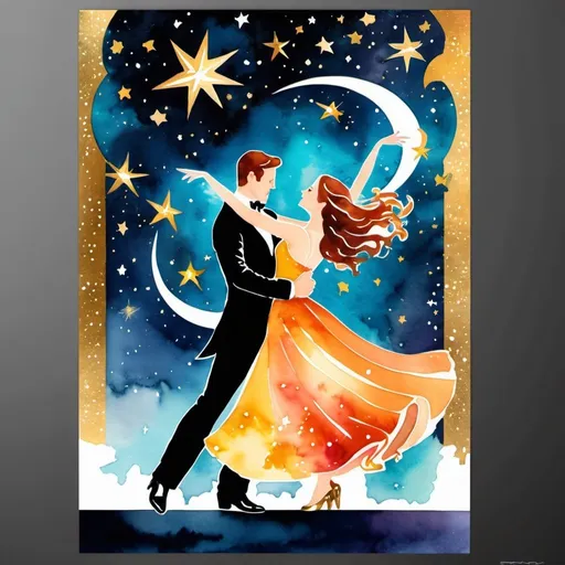 Prompt: musical broadway poster style, celestial, waltzing couple, Bright and brilliant, Stars,    Gold and cosmic colors, watercolor, metallic