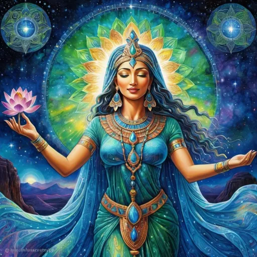 Prompt: Blue Lotus, Worship, Dancing Prophetess, Egyptian, High Priestess, Chantress, Alluring look, deep wise Green eyes, Windows to the soul, connect heaven to earth, Beautiful vibrant colors, Josephine wall style, Very detailed, Ancient, Beautiful background, Singing, Dancing, Joyful, Sensual, galaxy, celestial, Psychic, Watercolor painting, Dreamy, Dance, Chant, Ritual, Stars, Star Being, Divine, 4k, transforming, Celestial, Cosmic colors, Full body, Unseen, Another side of the Veil, The unseen, Spiritual, Journeying into the other world, Divine Connections to God, Psychedelic, Magic, Shaman, Dancing in the cosmic, Singing, Music, Spark of life
