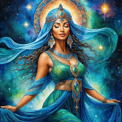 Prompt: mysterious, Veil half off face/eyes, Dancing, Prophetess, Egyptian, High Priestess, Chantress, Blue Lotus, Alluring look, deep wise, Earthy Green/Blue eyes, Windows to the soul, connect heaven to earth, Beautiful vibrant colors, Josephine wall style, Ancient, Beautiful background, Singing, Dancing, Joyful, Sensual, galaxy, celestial, Psychic, Watercolor painting, Dreamy, Dance, Chant, Ritual, Stars, Star Being, Divine, 4k, transforming, Celestial, Cosmic colors, Full body, Unseen, Another side of the Veil, The unseen, Spiritual, Journeying into the other world, Divine Connections to God, Magic, Shaman, Dancing in the cosmic, Singing, Music, Spark of life
