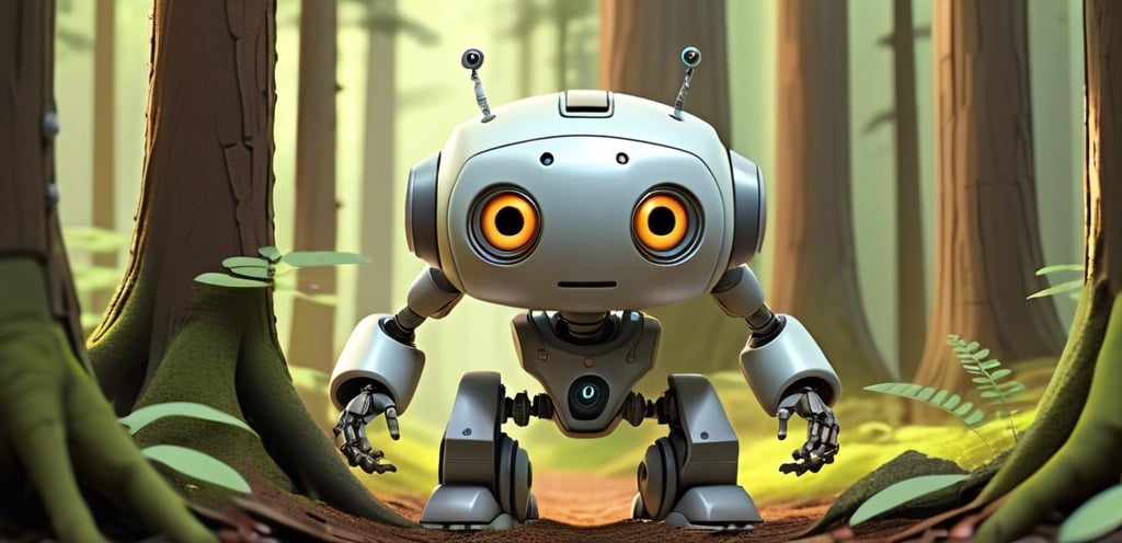 Prompt: A cute robot wanders trough forest. Wide long shot