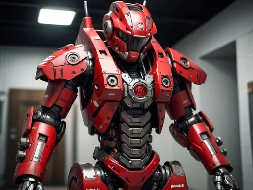 Prompt: A red Milwaukee branded mecha suit made out of toilet parts with saw blades for hands. Cinematic, photorealistic textures 