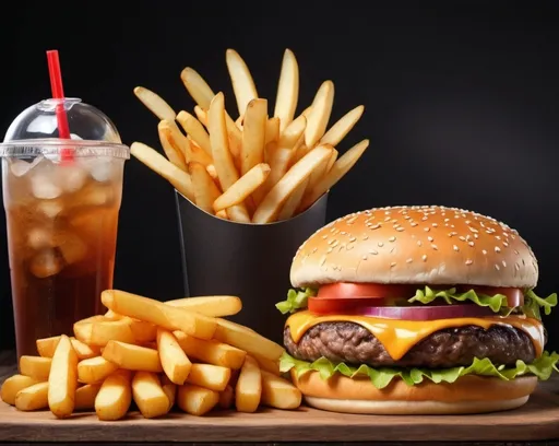 Prompt: I want a background for a fast food menu with a picture of a burger, a soft drink and a potato