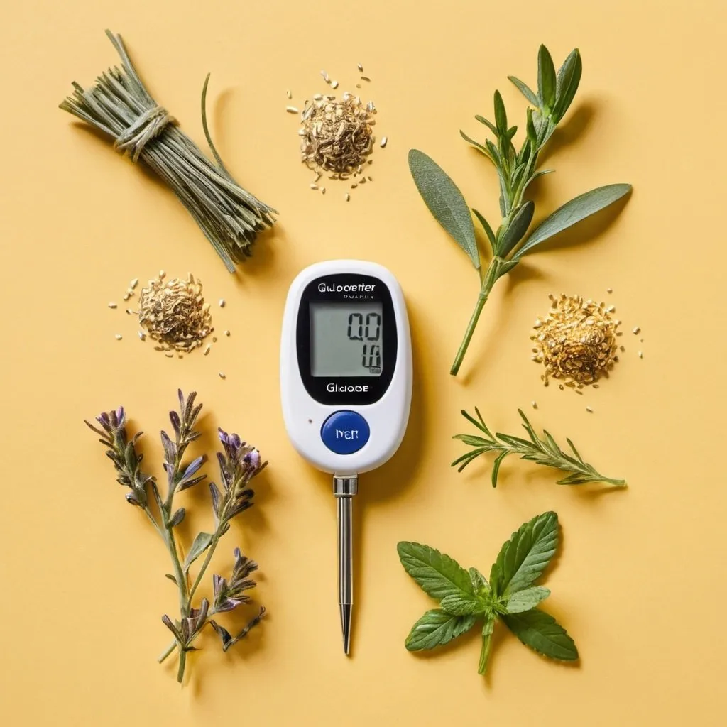 Prompt: flat lay of few herbs with glucometer, clean yellow gold background