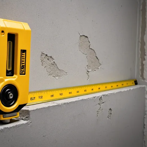 Prompt: The image shows a yellow Stabila level, a tool used for measuring and checking the levelness of surfaces. The level is placed against a concrete wall with a cracked and rough surface texture. The image suggests some sort of construction or home improvement work is being done in the area.