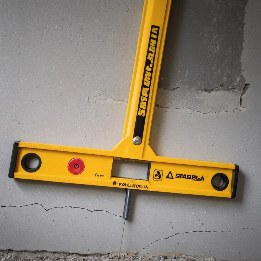 Prompt: The image shows a yellow Stabila level, a tool used for measuring and checking the levelness of surfaces. The level is placed against a concrete wall with a cracked and rough surface texture. The image suggests some sort of construction or home improvement work is being done in the area.