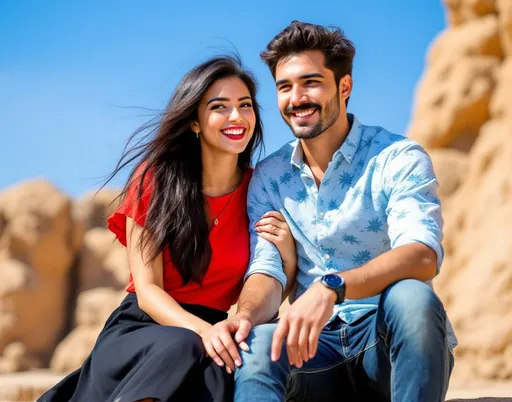 Prompt: Basking in the warm sunlight, a young couple sits closely together, radiating joy and camaraderie against a rugged, natural backdrop. The woman, dressed in a vibrant red top and black skirt, sports long dark hair and a playful expression, while her companion wears a casual, patterned light blue shirt and jeans, complemented by a neatly groomed mustache and a confident smile. They are seated on a stone surface, with some rocky formations and a bright blue sky framing the scene, evoking a cheerful outdoor atmosphere. The composition highlights their relaxed posture and intimate connection, with an emphasis on vibrant colors that enhance the overall mood of happiness and togetherness.