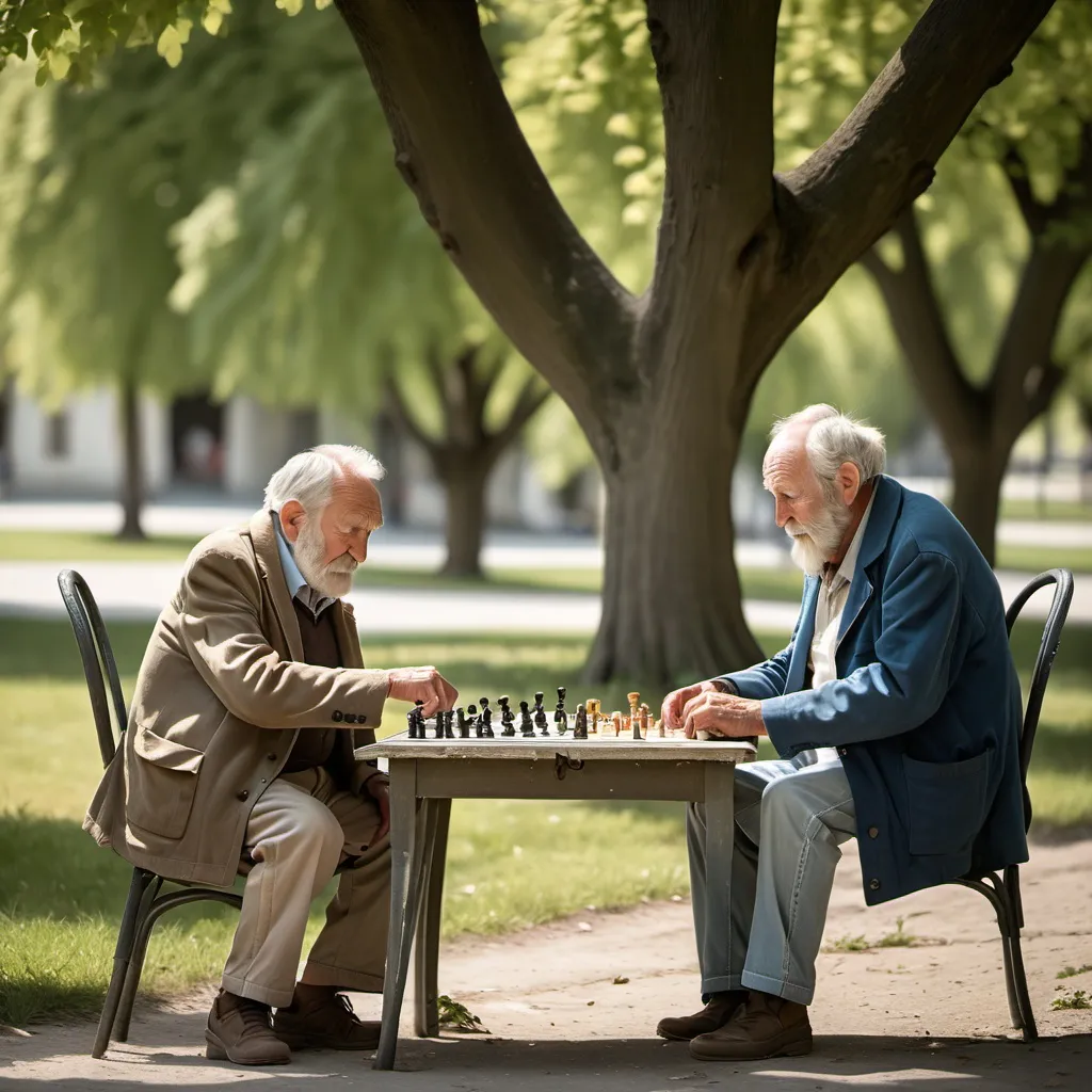 Prompt: Two old French men playing chess outside of an old in under Elm trees on a beautiful summer day
