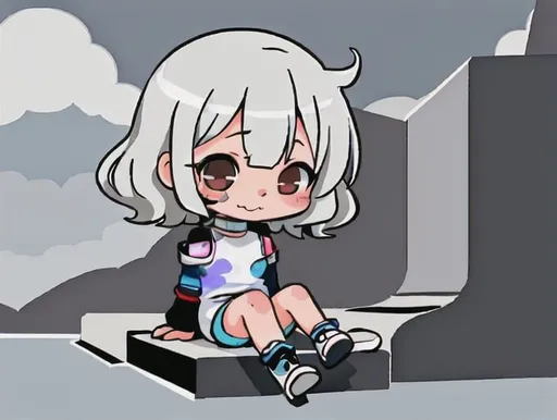 Prompt: Kawaii, chibi, full body, sitting crossed legs, silver shoulder short wavi hair ending in black