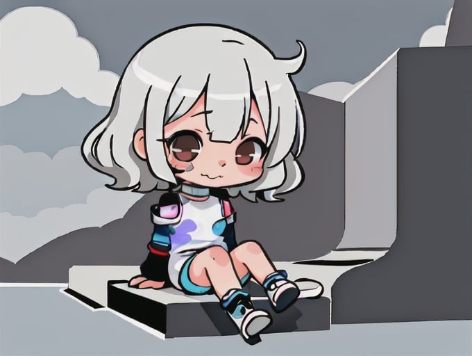 Prompt: Kawaii, chibi, full body, sitting crossed legs, silver shoulder short wavi hair ending in black