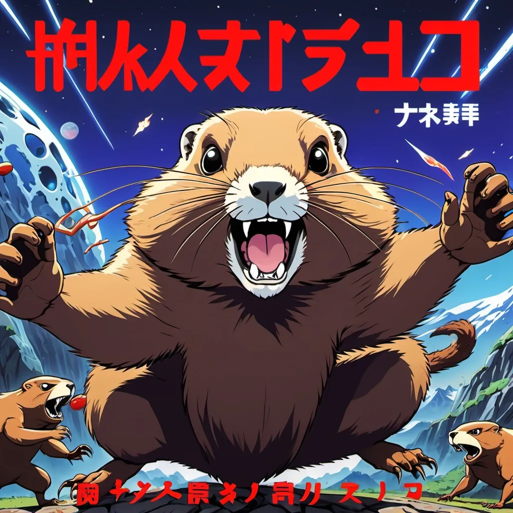 Prompt: 2d anime cover of a marmot fighting off 4 aliens from all sides with japanese cover text to add to the effect