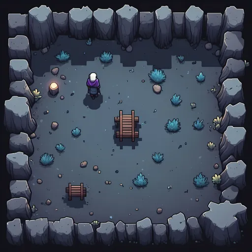 Prompt: Create a pixelated, top-down view of a dark magical world. The ground should be flat, barren, and rough, with subtle textures resembling cracked earth or stone. The color palette should be dark and muted, primarily using shades of black, gray, deep purples, and blues. Keep the scene minimalistic, with no other objects or elements, focusing purely on the barren ground