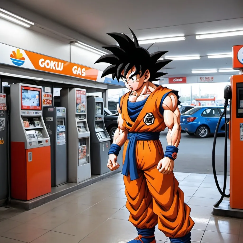 Prompt: cctv footage of goku at a gas station causing havoc