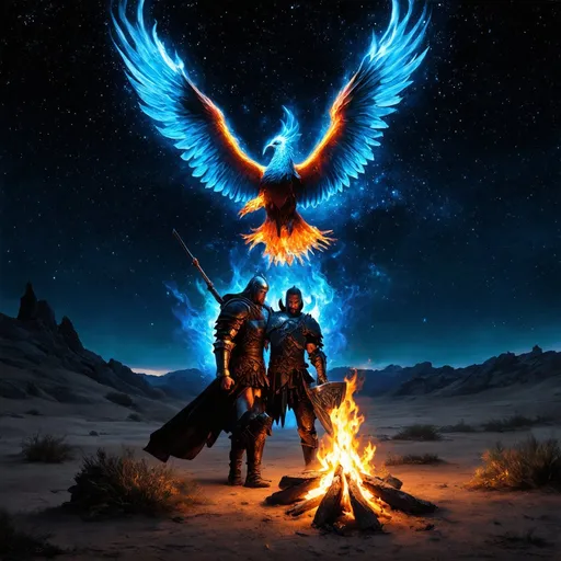 Prompt: Create an epic cover image for a power metal music album. The scene should show a dark desert under a starry night sky. In the center of the image, a majestic Phoenix made of blue fire is descending from the sky. The Phoenix is ​​handing a glowing shield to an imposing Viking warrior. The warrior, dressed in traditional Viking armor, stands next to a campfire that he uses to warm himself. The light from the campfire and the blue flames of the Phoenix should illuminate the scene, creating a dramatic contrast with the darkness of the desert. The atmosphere should be magical and heroic, with a strong sense of power and mystery.