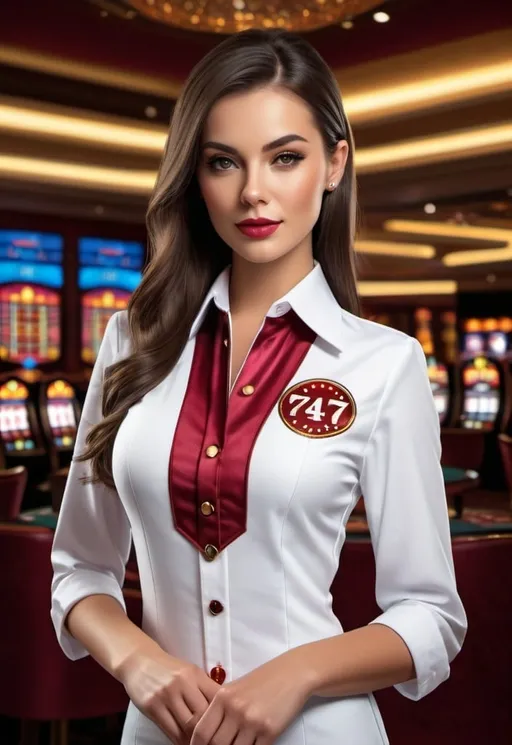 Prompt: 747 Logo on casino uniform model, realistic 3D rendering, high resolution, professional, casino ambiance, detailed embroidery, sleek design, vibrant color tones, luxurious lighting, glamorous atmosphere, elegant casino setting