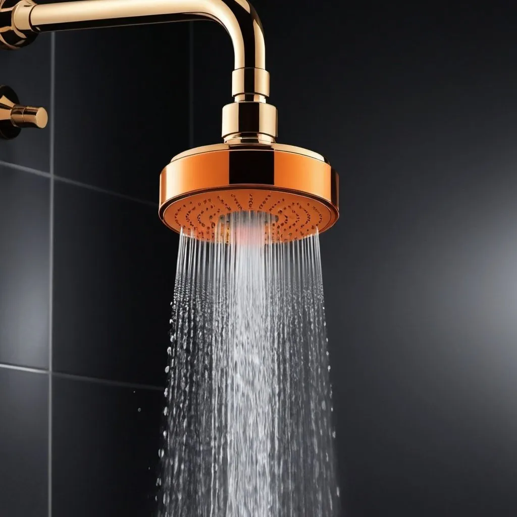 Prompt: Generate an image of a high-tech water filter shower head featuring a sleek and modern design. The shower head should have an oval, hollow center with a beige exterior. Highlight the carbon fiber cartridge inside, which is highly efficient in removing residual chlorine, heavy metals, and other harmful substances from water. The cartridge design should be detailed, showing a layered structure that includes an orange filtering layer. Display water molecules (H2O) entering the cartridge, emphasizing the filtration process. The background should be dark to contrast with the beige color of the shower head, and include text indicating the 'Carbon Fiber Cartridge' and its benefits: 'Highly efficient in removing residual chlorine, heavy metals, and other harmful substances.' Ensure the image conveys the advanced technology and efficiency of the product.