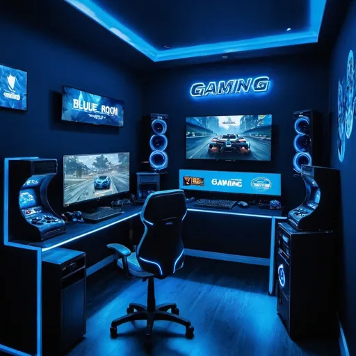 Prompt: a blue gaming room