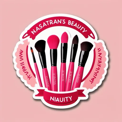 Prompt: It has a pink background and makeup tools, such as brushes, are arranged in a semicircle, and the name (Nastaran's Beauty) is written in red below it.